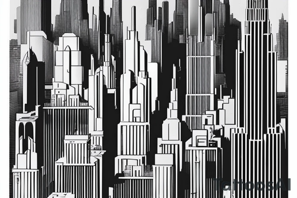 Minimalist landscape of a big futuristic city with skyscrapers inspired on Metropolis film poster. It should contain a futuristic bridge (small)  and be inspired in New York, Tokyo and Seoul. It should have techno vibes. There should be an alein planet above the city and also a human body being abducted. tattoo idea