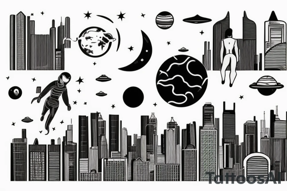 Alein planet above a big city and also a human body being abducted. tattoo idea
