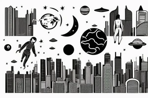 Alein planet above a big city and also a human body being abducted. tattoo idea