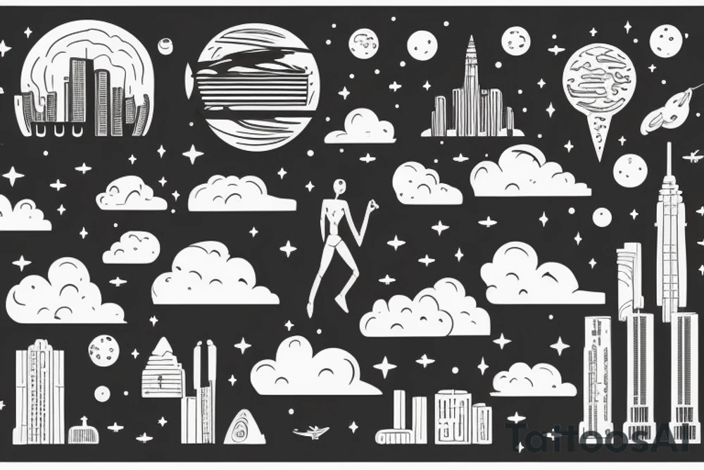 Alein planet above a big city and also a human body being abducted. tattoo idea