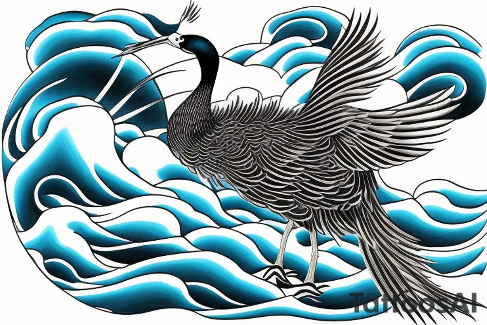 Japanese crane with ocean waves in the background tattoo idea