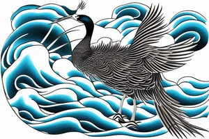 Japanese crane with ocean waves in the background tattoo idea