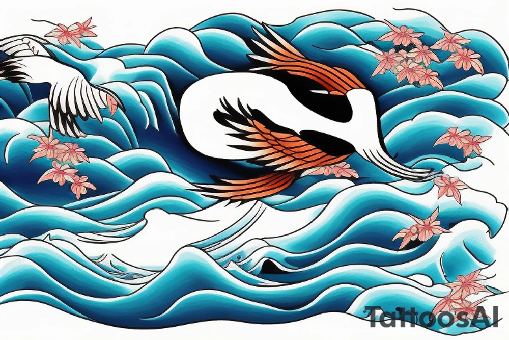 Japanese crane with ocean waves in the background tattoo idea