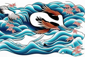 Japanese crane with ocean waves in the background tattoo idea