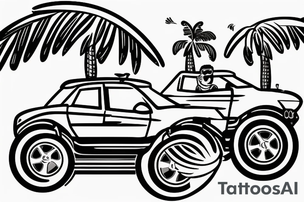 Sporty car with two men driving it on a mountainside with palm tree’s tattoo idea