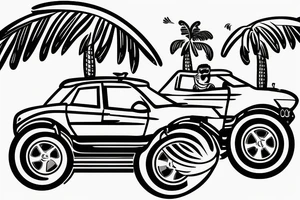 Sporty car with two men driving it on a mountainside with palm tree’s tattoo idea