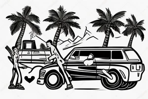 Sporty car with two men driving it on a mountainside with palm tree’s tattoo idea