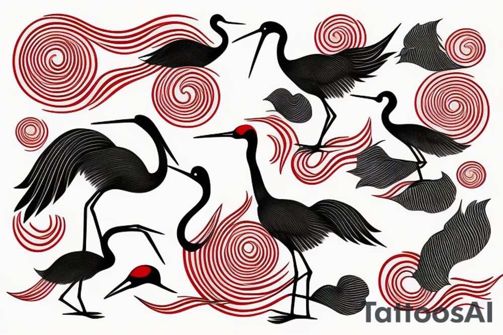 Red headed crane with waves tattoo idea