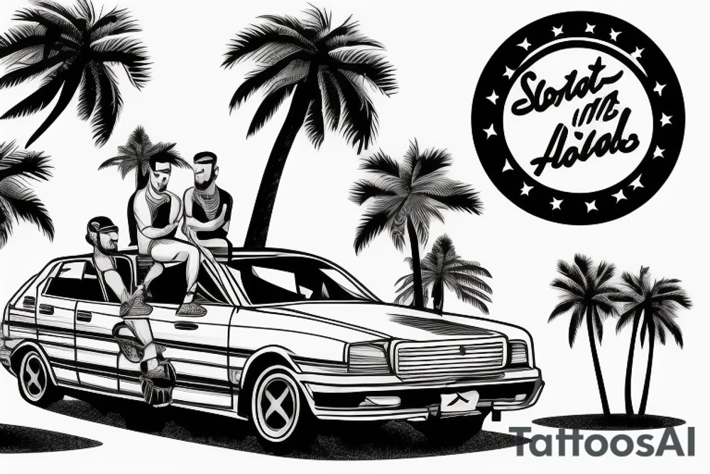 Sporty car with two men driving it on a mountainside with palm tree’s tattoo idea