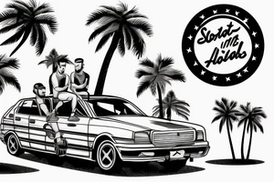 Sporty car with two men driving it on a mountainside with palm tree’s tattoo idea
