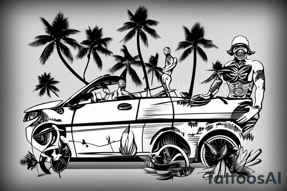 Sporty car with two men driving it on a mountainside with palm tree’s tattoo idea