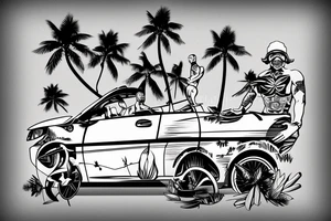 Sporty car with two men driving it on a mountainside with palm tree’s tattoo idea