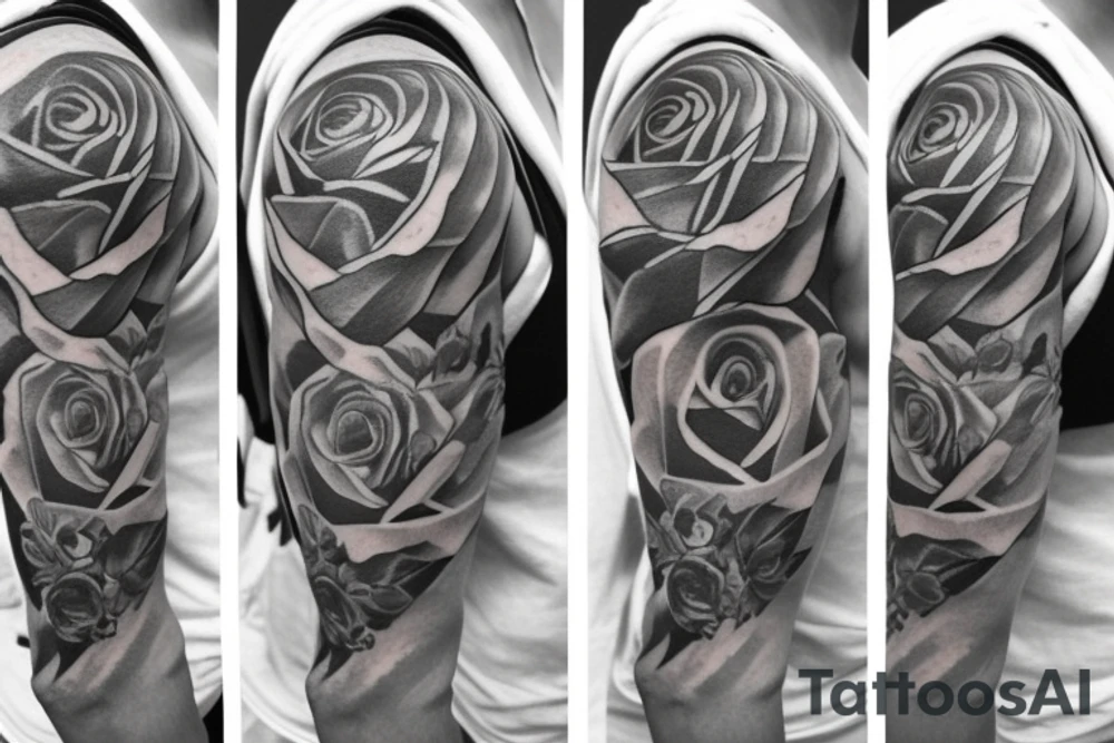rose on shoulder, rose on biceps, rose on upper arm tattoo idea