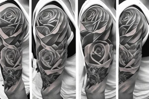 rose on shoulder, rose on biceps, rose on upper arm tattoo idea