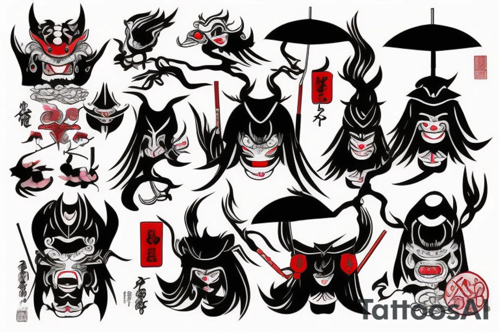 oni,
tengu,
gaisha, 
umbrella, tattoo idea