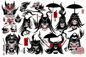 oni,
tengu,
gaisha, 
umbrella, tattoo idea