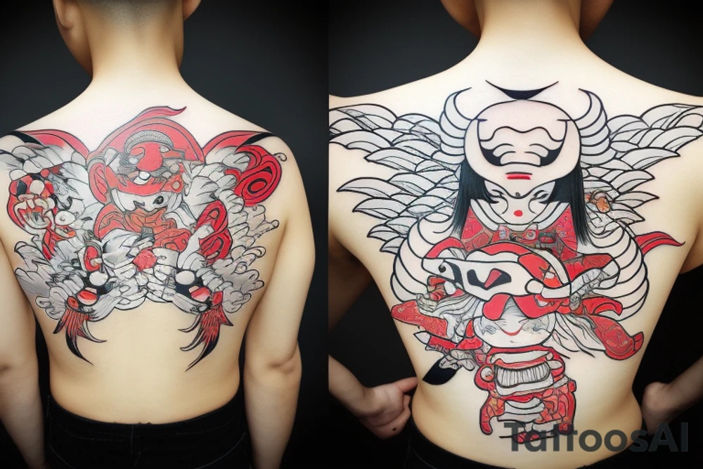 oni,
tengu,
gaisha, 
umbrella, tattoo idea