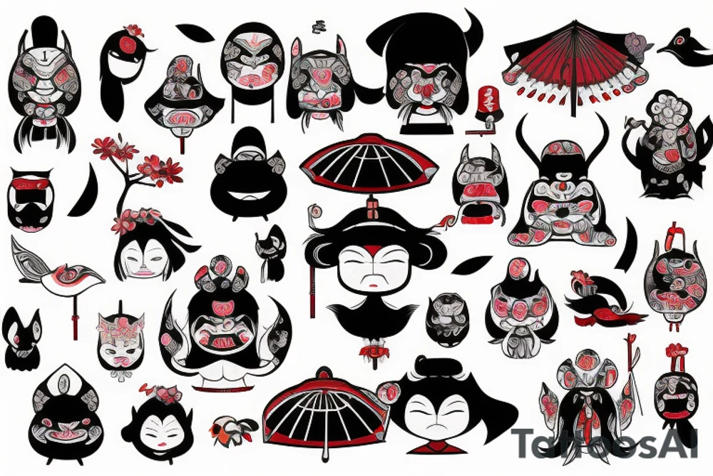 oni,
tengu,
gaisha, 
umbrella,
hanami tattoo idea