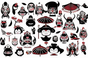 oni,
tengu,
gaisha, 
umbrella,
hanami tattoo idea