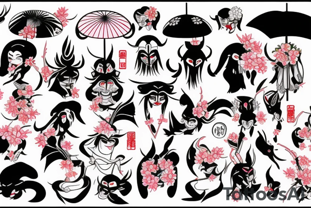 oni,
tengu,
gaisha, 
umbrella,
hanami tattoo idea