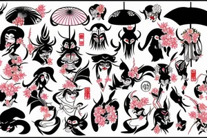 oni,
tengu,
gaisha, 
umbrella,
hanami tattoo idea
