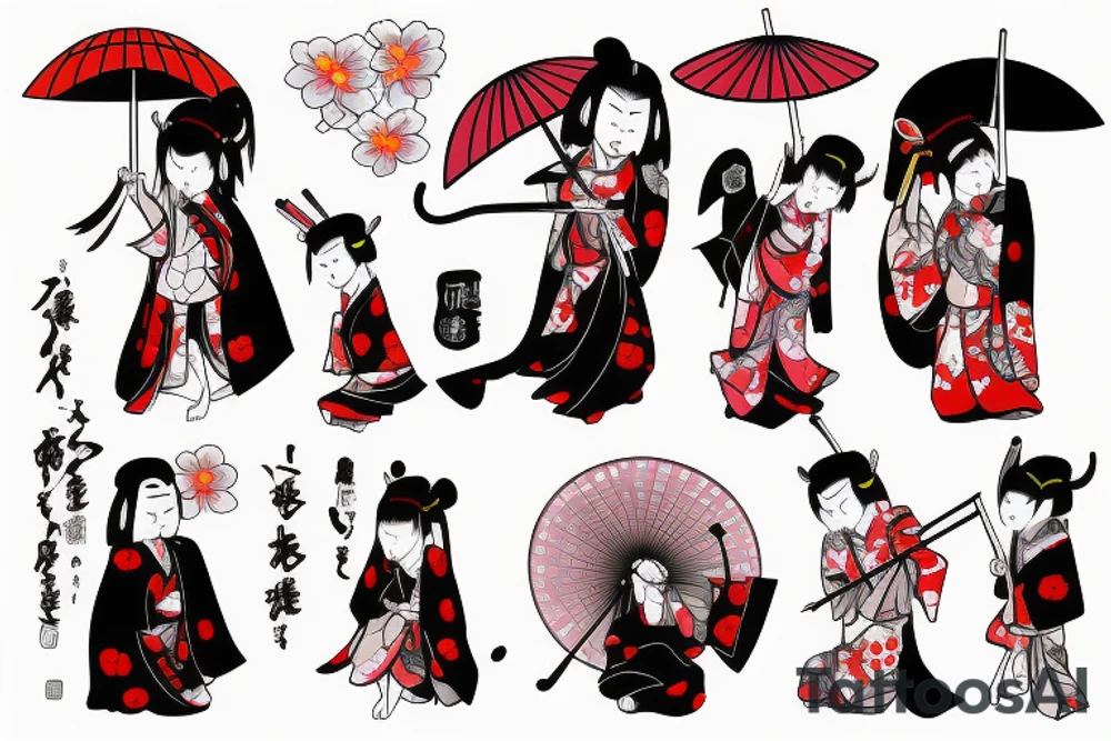 oni and 
tengu 
gaisha, with
umbrella,
hanami tattoo idea