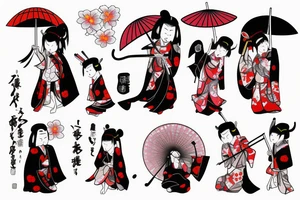 oni and 
tengu 
gaisha, with
umbrella,
hanami tattoo idea