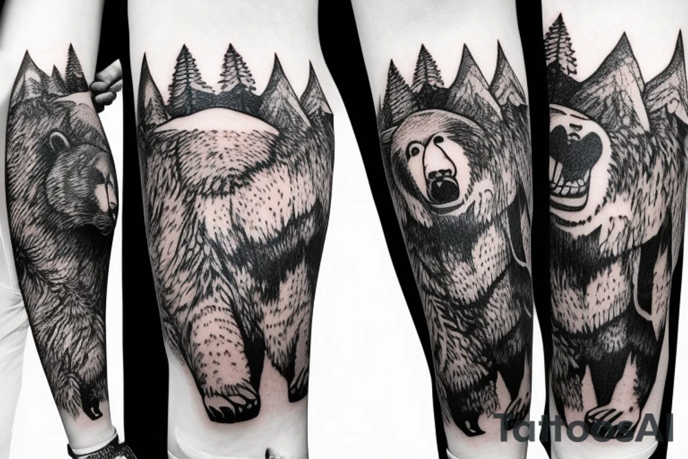 Grizzly bear with mountains sleeve on inner bicep tattoo idea Grizzly bear with mountains sleeve on inner bicep tattoo idea
