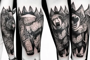 Grizzly bear with mountains sleeve on inner bicep tattoo idea