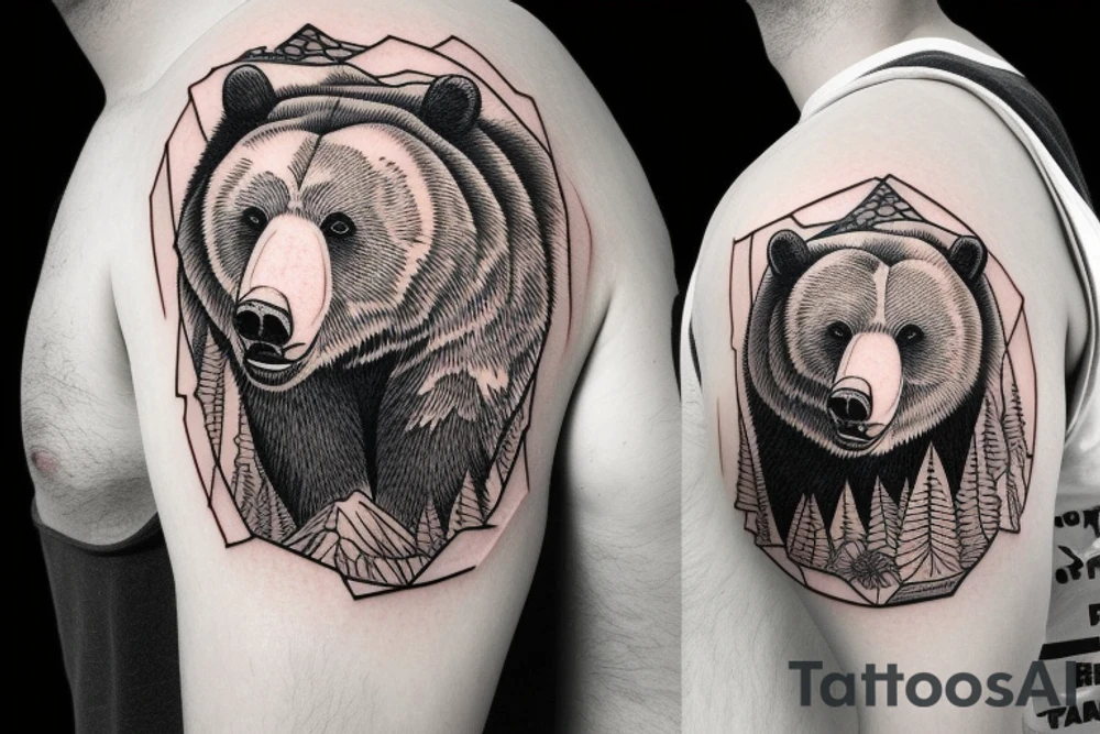 Grizzly bear with mountains sleeve on inner bicep tattoo idea