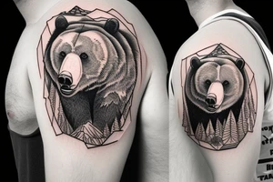 Grizzly bear with mountains sleeve on inner bicep tattoo idea