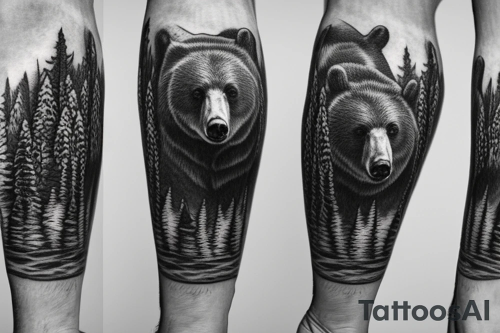 sleeve of realistic bear walking in the mountains tattoo idea
