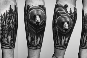 sleeve of realistic bear walking in the mountains tattoo idea