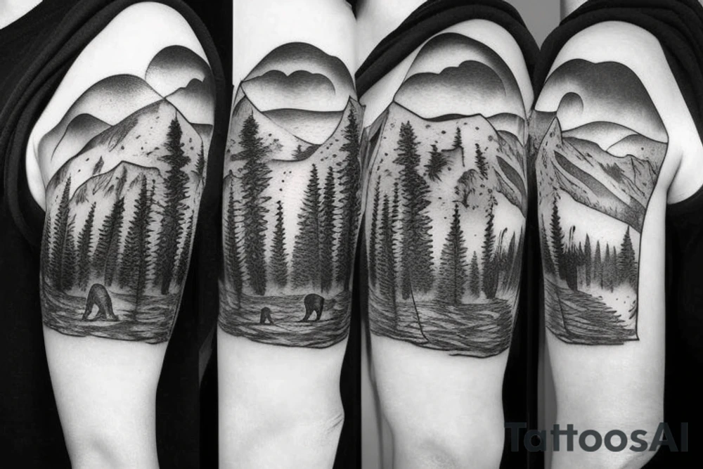 sleeve of realistic bear walking in the mountains tattoo idea