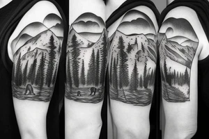 sleeve of realistic bear walking in the mountains tattoo idea