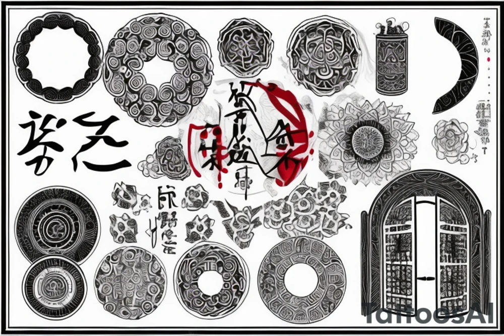 red circle behind a torri gate and kanji underneath tattoo idea