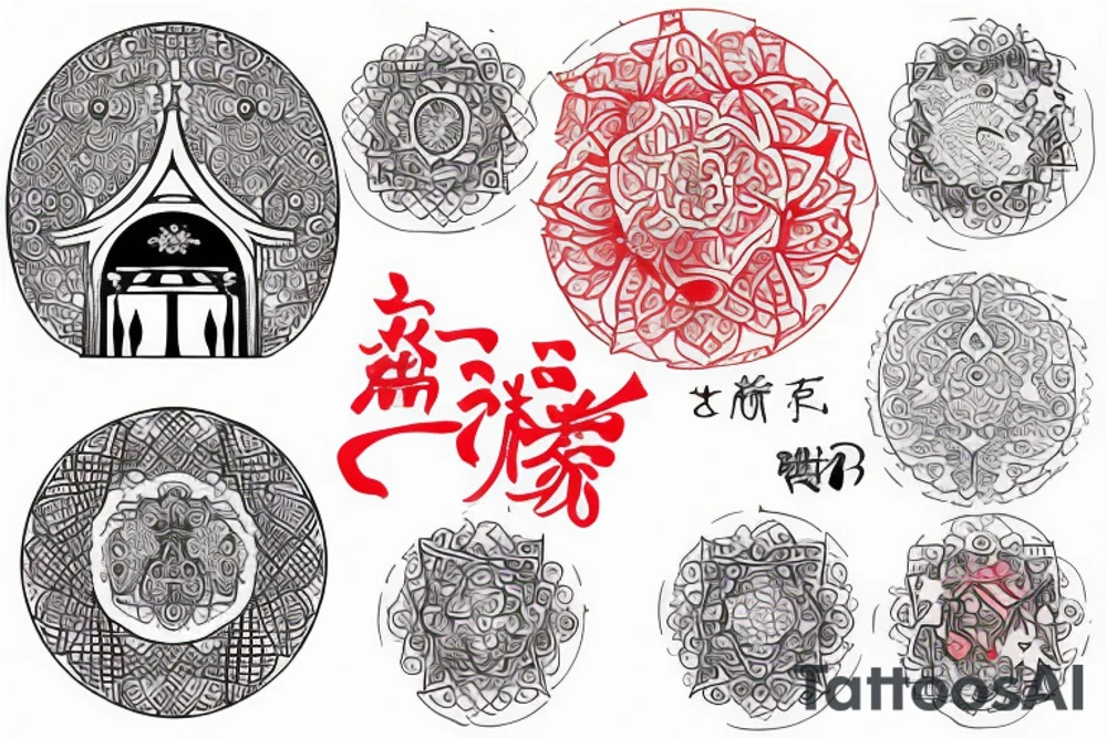 red circle behind a torri gate and kanji underneath tattoo idea
