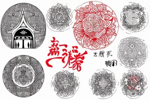 red circle behind a torri gate and kanji underneath tattoo idea