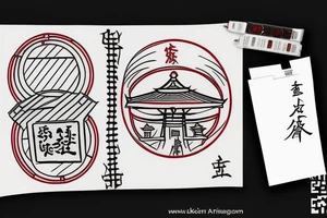 red circle behind a torii gate and kanji underneath tattoo idea