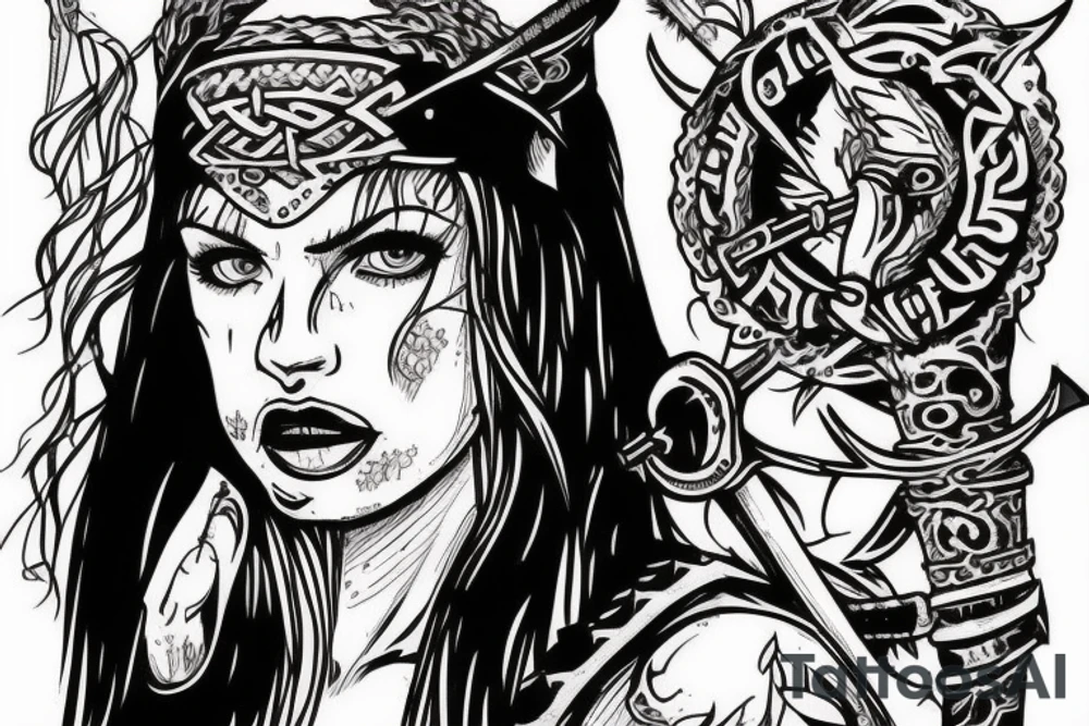Female Viking Warrior licking sward. tattoo idea