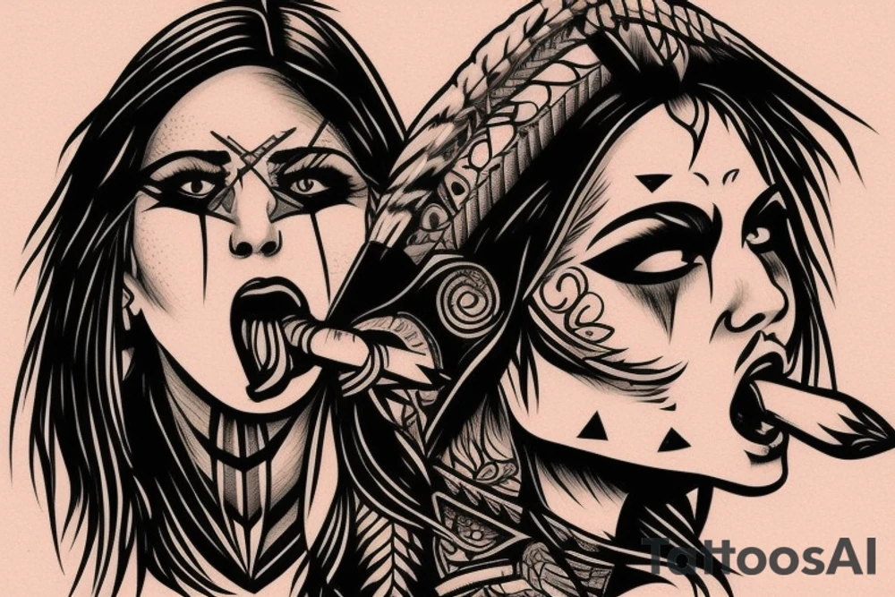 Female Native American
 Warrior licking sward. tattoo idea