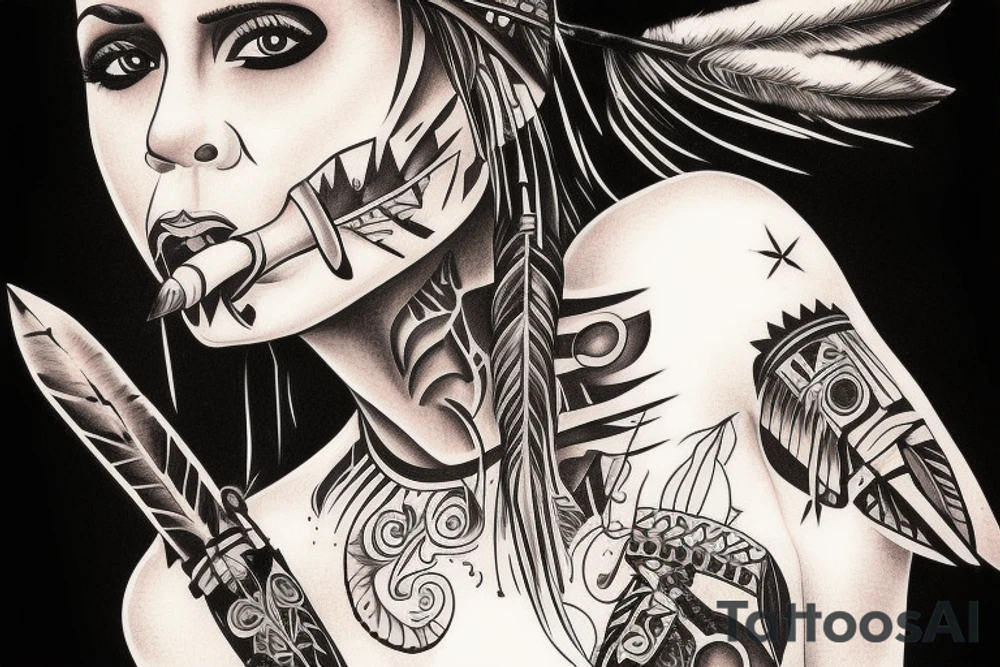 Female Native American
 Warrior licking sward. tattoo idea