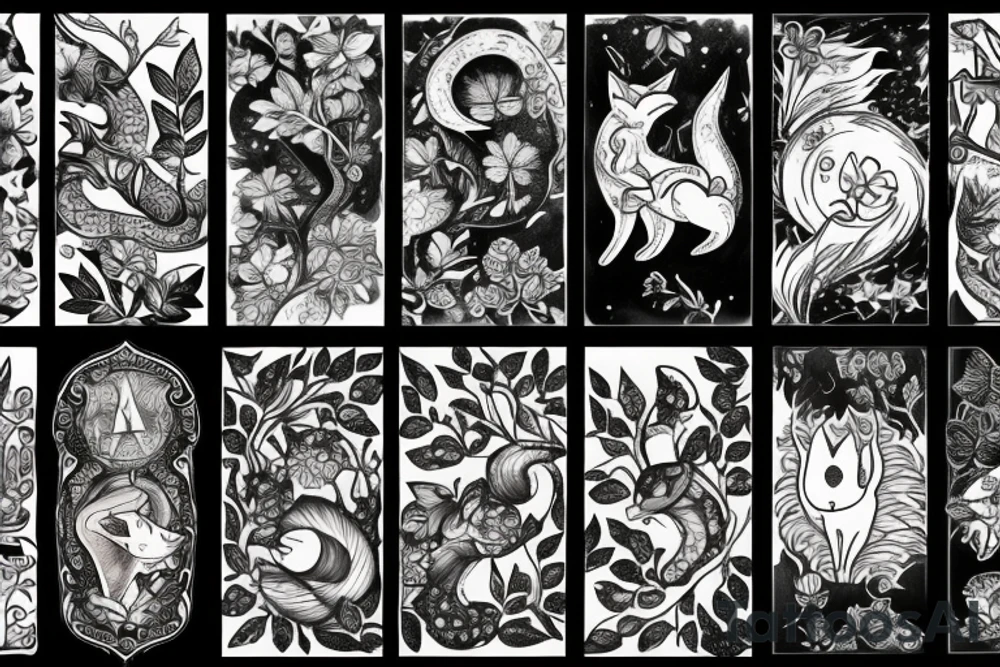 Pouncing fox with clover leaves, clover blossoms, and willow branches, some small woodland mushrooms and cosmic detail tattoo idea