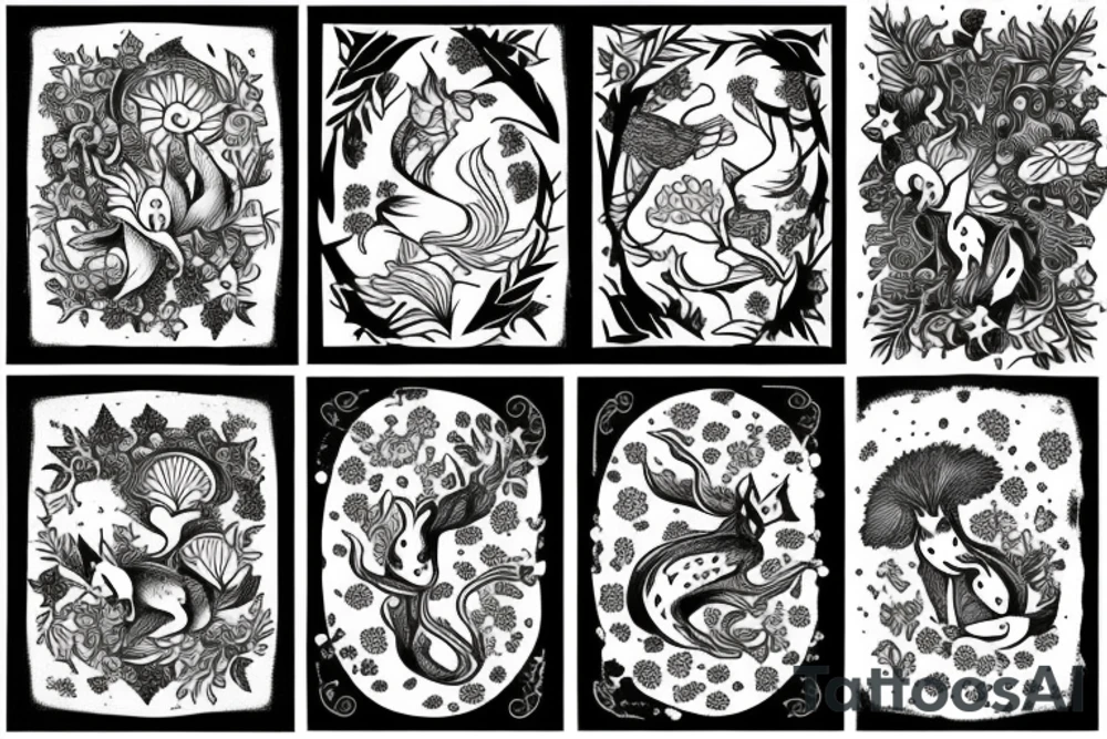 Pouncing fox with clover leaves, clover blossoms, and willow branches, some small woodland mushrooms and cosmic detail tattoo idea