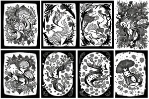 Pouncing fox with clover leaves, clover blossoms, and willow branches, some small woodland mushrooms and cosmic detail tattoo idea