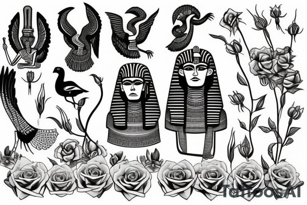 Egyptian god with roses tattoo idea