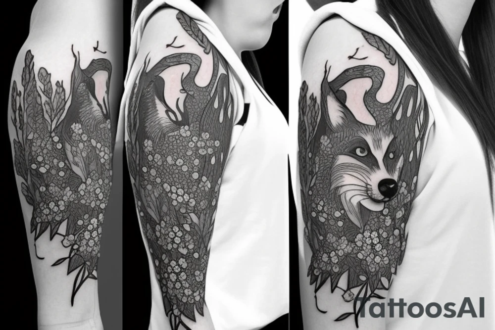 hip sleeve with a fox, woodland details, clover blossoms, and willow branches tattoo idea