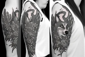 hip sleeve with a fox, woodland details, clover blossoms, and willow branches tattoo idea