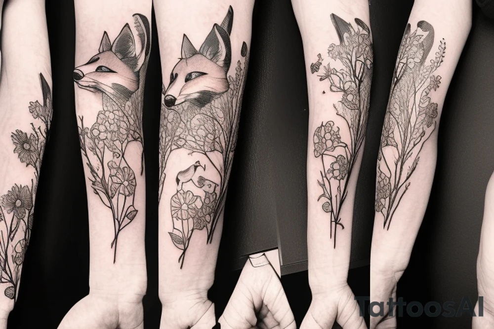 hip sleeve with a fox, woodland details, clover blossoms, and willow branches tattoo idea