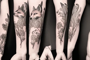 hip sleeve with a fox, woodland details, clover blossoms, and willow branches tattoo idea